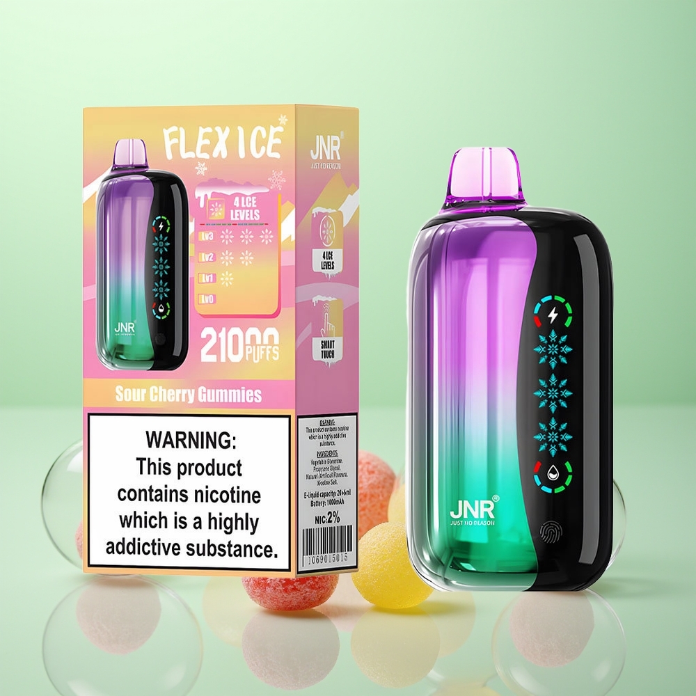 JNR Flex Ice 21000 Gummies Cerises Acidulées avec Ajustement Glacial et 26ml d\'E-Liquide