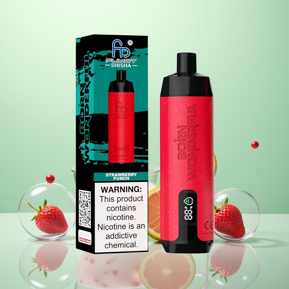 RandM Fumot Shisha 10000 Fraise Coup de Poing avec Indicateur LED et 0,6ohm Bobine Maillée