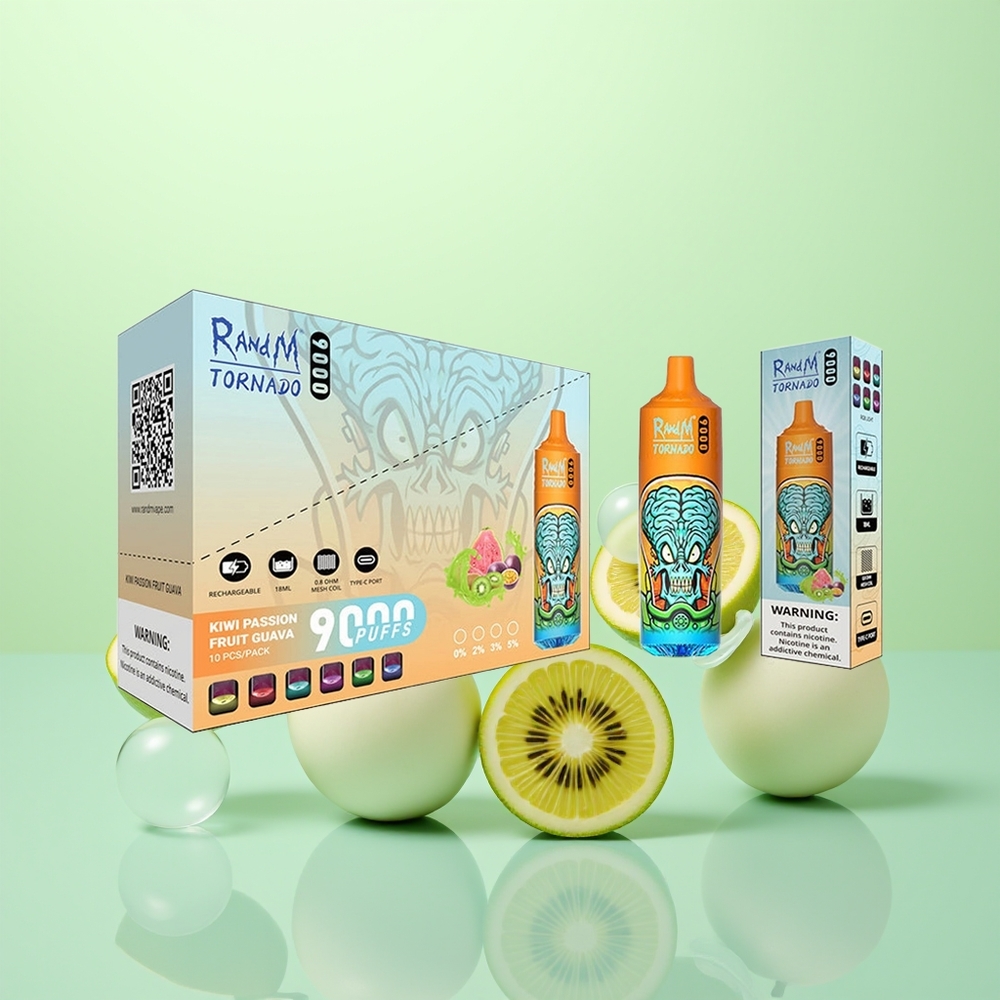 RandM Fumot Tornado 9000 Kiwi Fruit de la Passion Goyave Affichage RGB et Bobine Mesh
