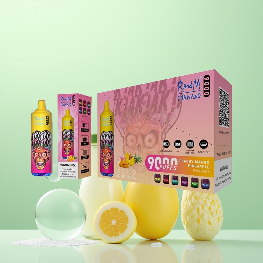 RandM Fumot Tornado 9000 Mangue Ananas Pêche avec Affichage RGB et Bobine Mesh