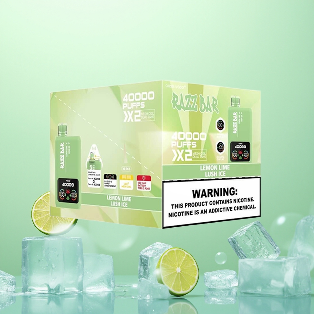 Razz Bar 40000 Citron Vert - Glace Somptueuse avec Affichage d\'Énergie et Double Bobine Mesh 1.0Ohm