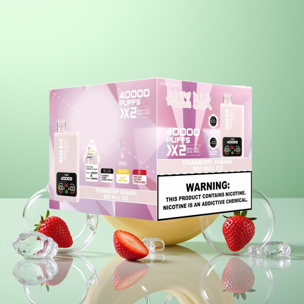 Razz Bar 40000 Fraise Banane - Red Bull Glace Écran Puissant Double Mesh