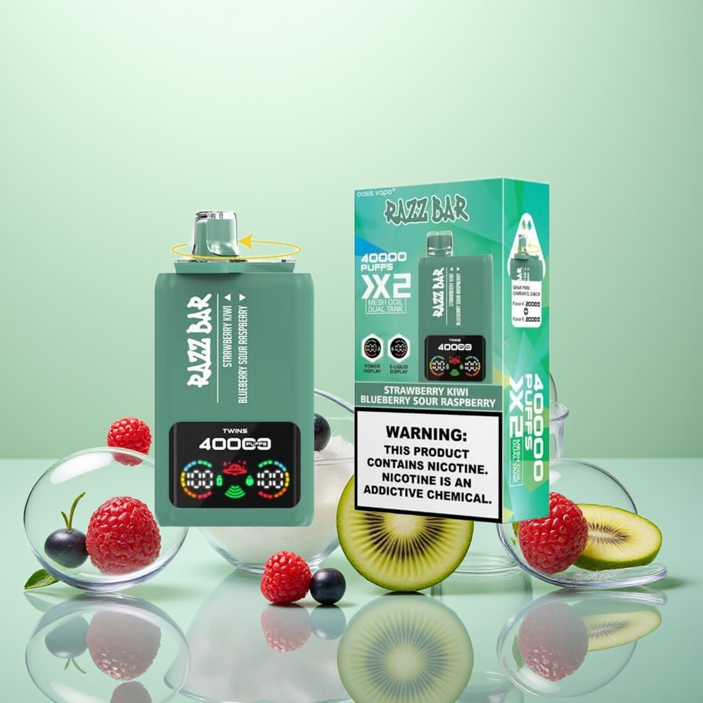 Razz Bar 40000 Fraise Kiwi - Myrtille Framboise Acidulée avec Écran d'Alimentation et Double Bobine Mesh 1.0Ohm