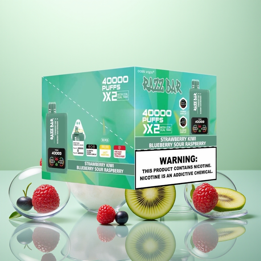 Razz Bar 40000 Fraise Kiwi - Myrtille Framboise Acidulée avec Écran d\'Alimentation et Double Bobine Mesh 1.0Ohm
