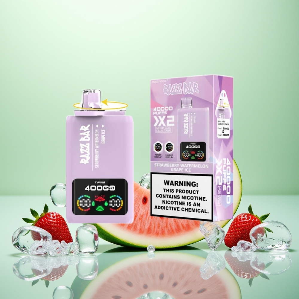 Razz Bar 40000 Fraise Pastèque - Glace de Raisin avec Affichage d'Écran et Double Bobine Mesh 1.0Ohm