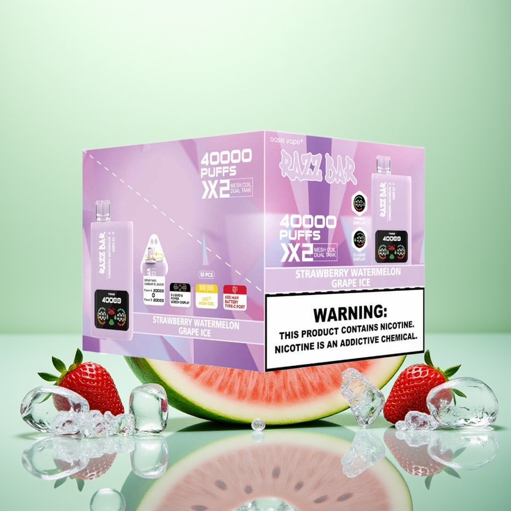 Razz Bar 40000 Fraise Pastèque - Glace de Raisin avec Affichage d\'Écran et Double Bobine Mesh 1.0Ohm