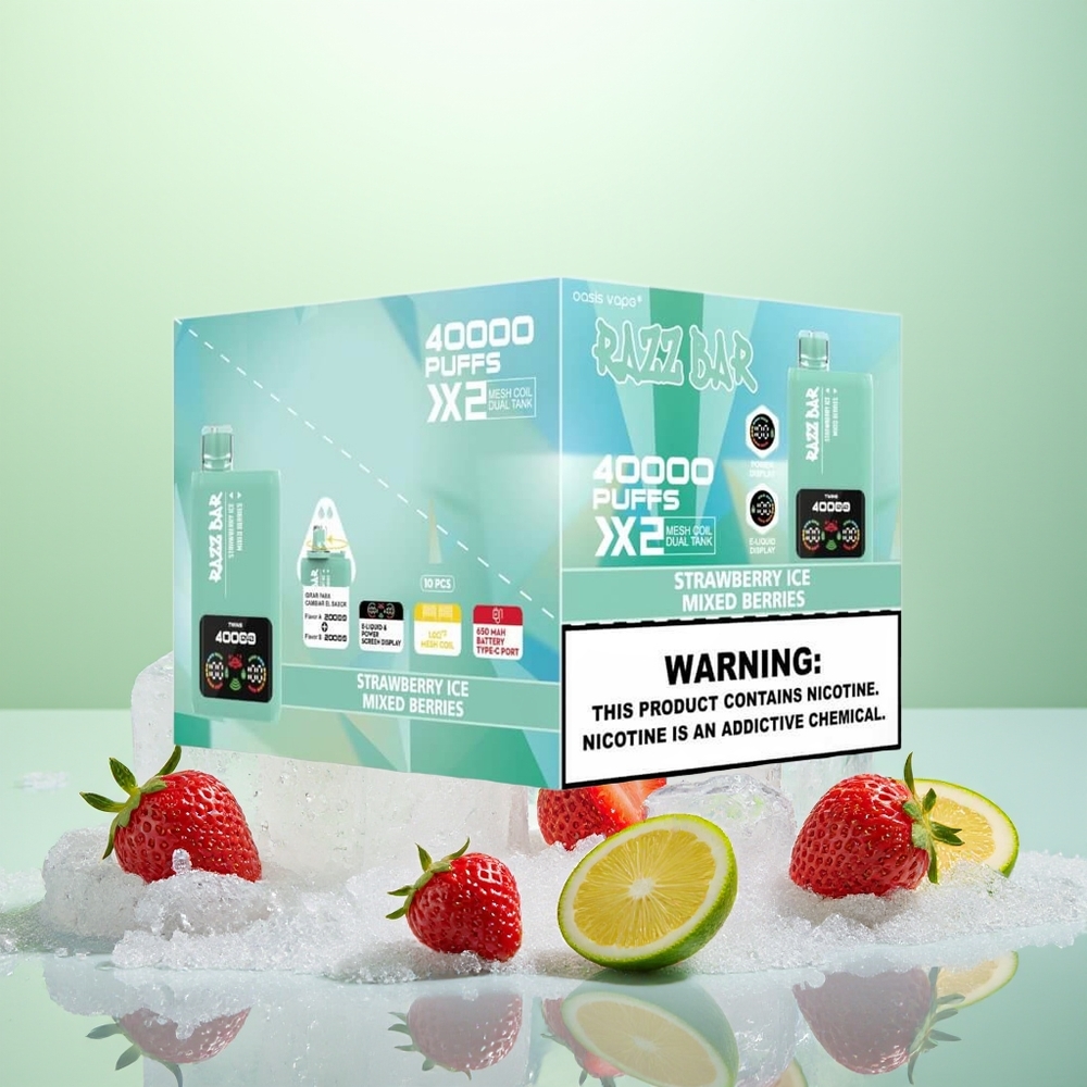 Razz Bar 40000 Glace à la Fraise - Baies Mixtes avec Affichage Écran et Double Bobine Mesh 1.0Ohm