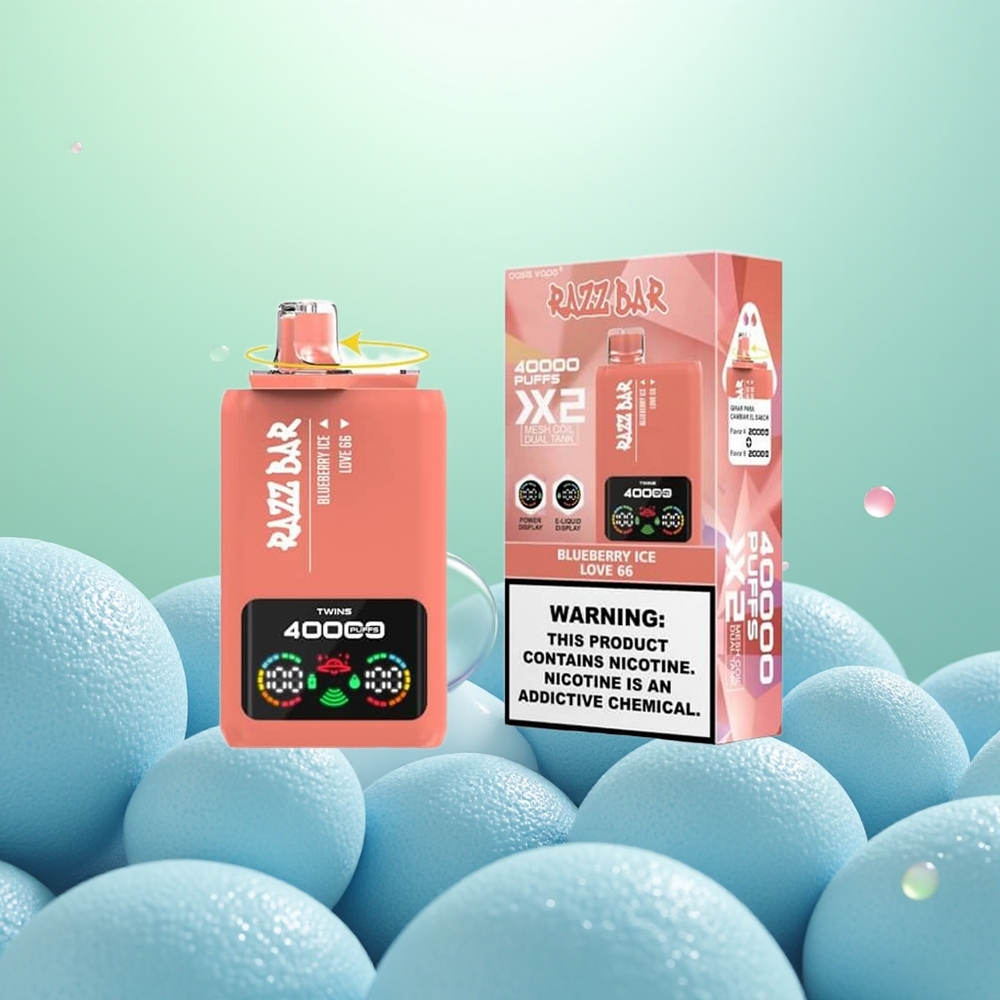 Razz Bar 40000 Glace à la Myrtille - Amour 66 avec Écran d'Alimentation et Double Bobine Mesh 1.0Ohm