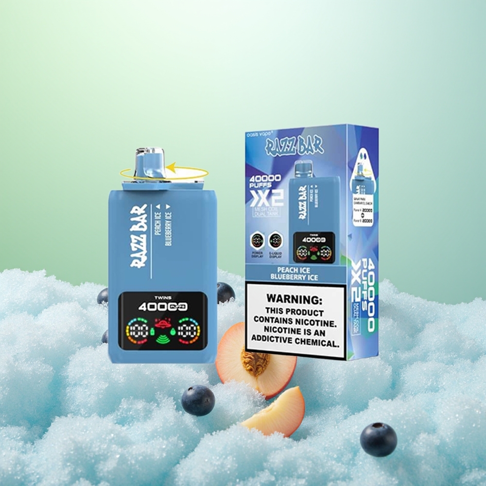 Razz Bar 40000 Glace à la Pêche - Glace à la Myrtille avec Écran d'Alimentation et Double Bobine Mesh 1.0Ohm