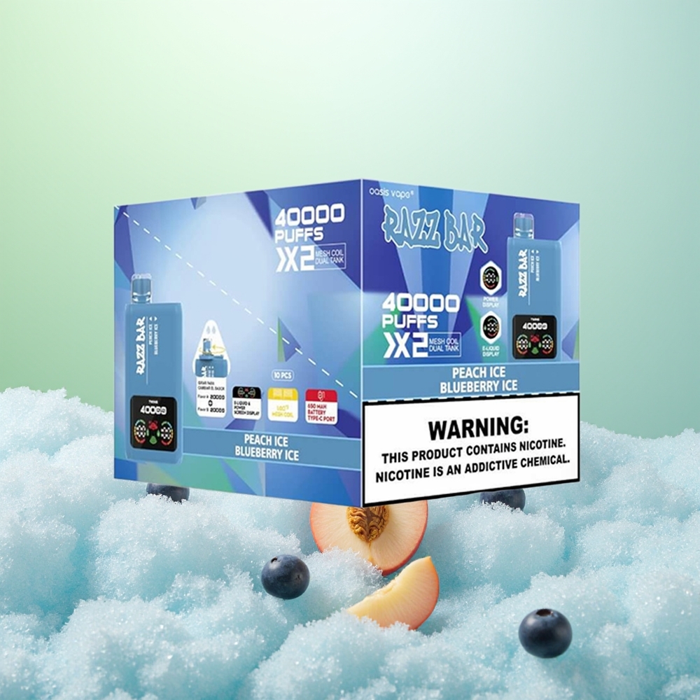 Razz Bar 40000 Glace à la Pêche - Glace à la Myrtille avec Écran d\'Alimentation et Double Bobine Mesh 1.0Ohm