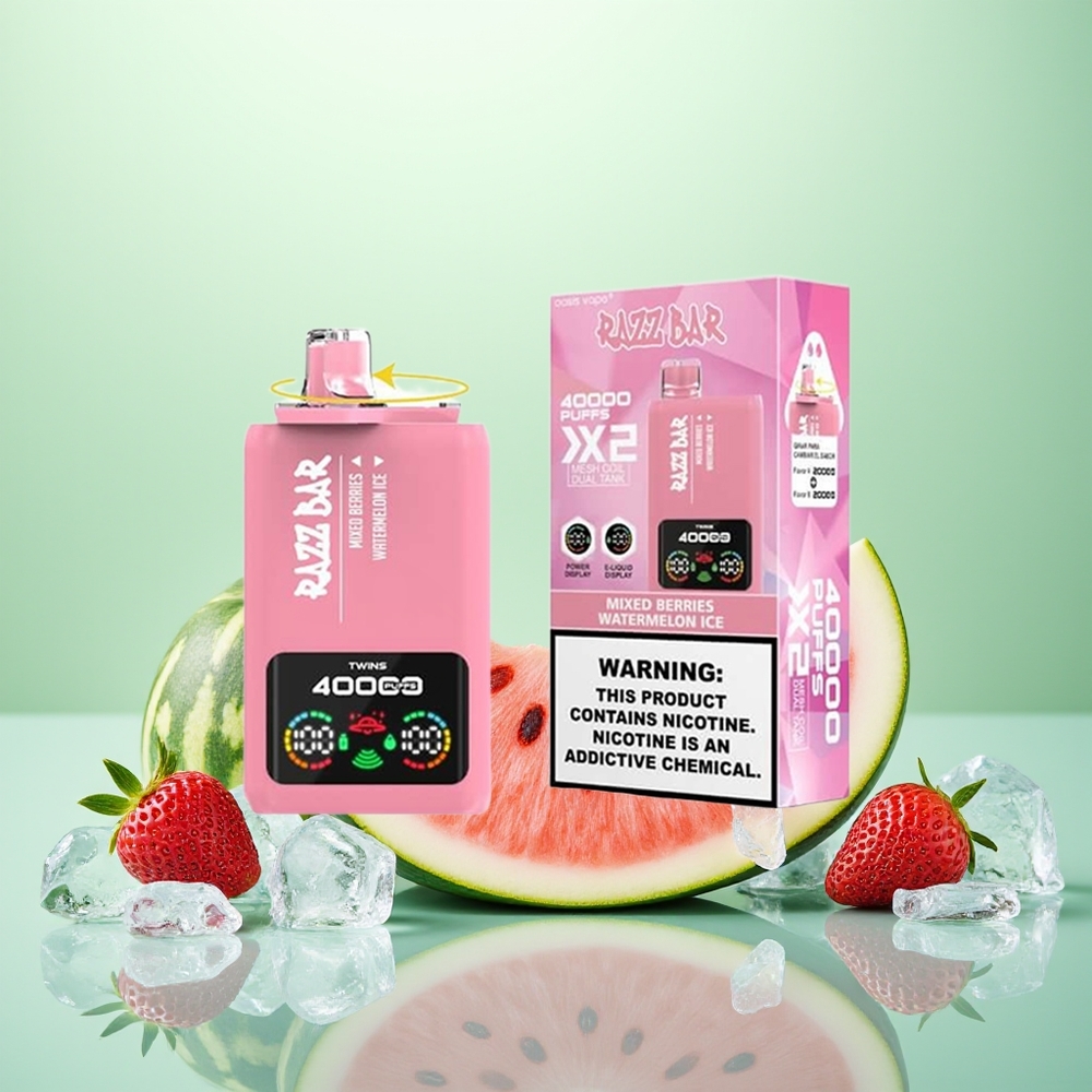 Razz Bar 40000 Glace à la Pastèque et Baies Mixtes avec Affichage d'Écran et Double Bobine Mesh 1.0Ohm